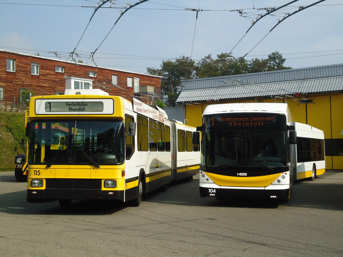 (136'063) - VBSH Schaffhausen - Nr. 115 - NAW/Hess + Nr. 104 - Hess/Hess Gelenktrolleybusse am 25. September 2011 in Schaffhausen, Busdepot