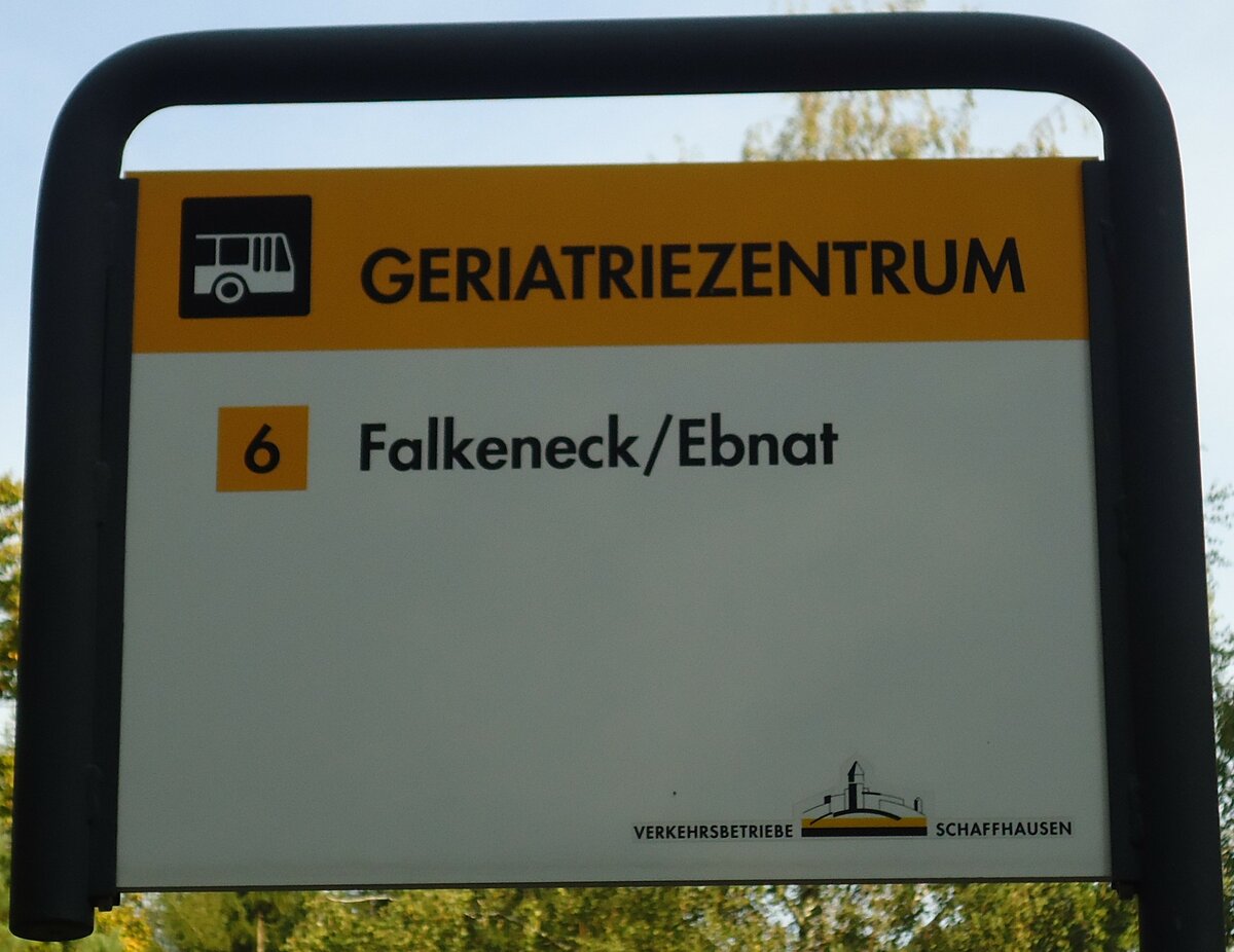 (136'239) - VERKEHRSBETRIEBE SCHAFFHAUSEN-Haltestellenschild - Schaffhausen, Geriatriezentrum - am 25. September 2011