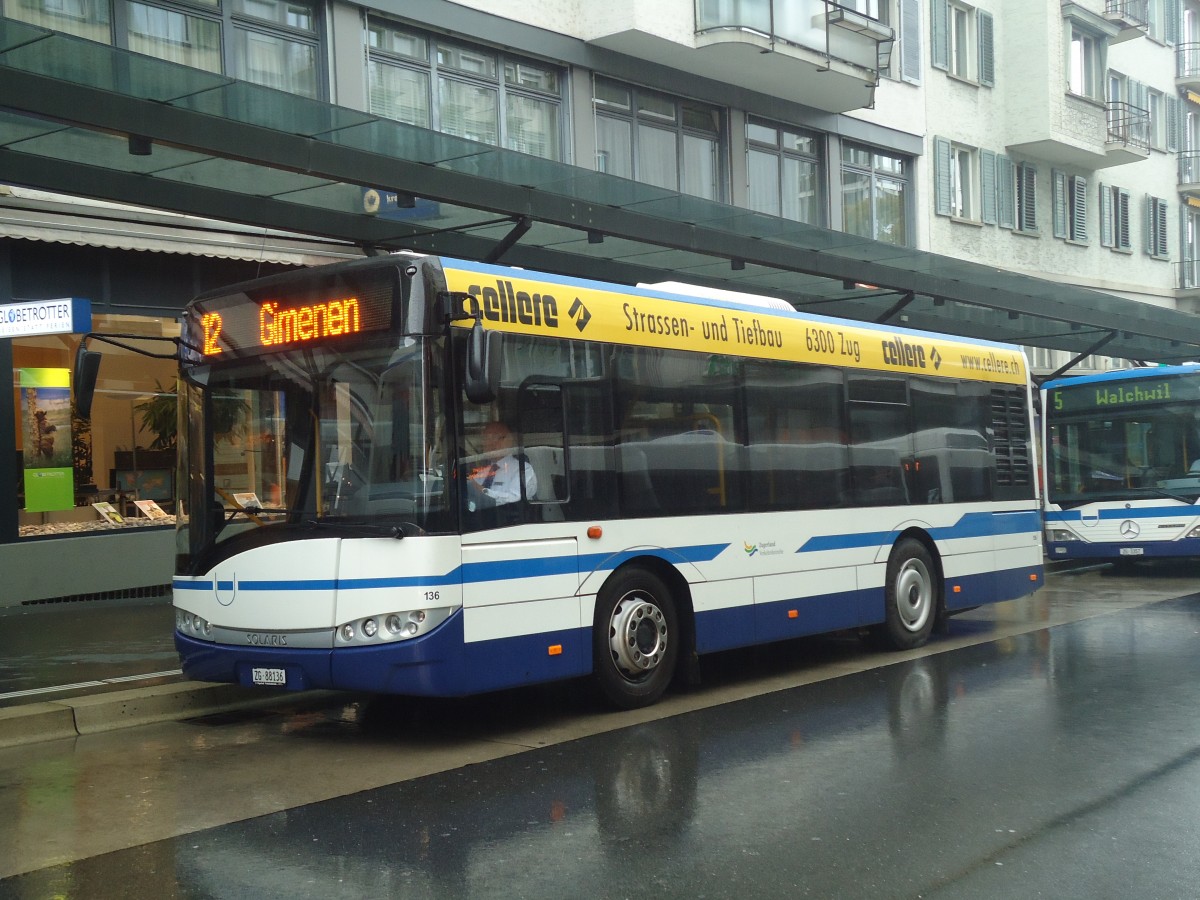 (141'411) - ZVB Zug - Nr. 136/ZG 88'136 - Solaris am 1. September 2012 beim Bahnhof Zug