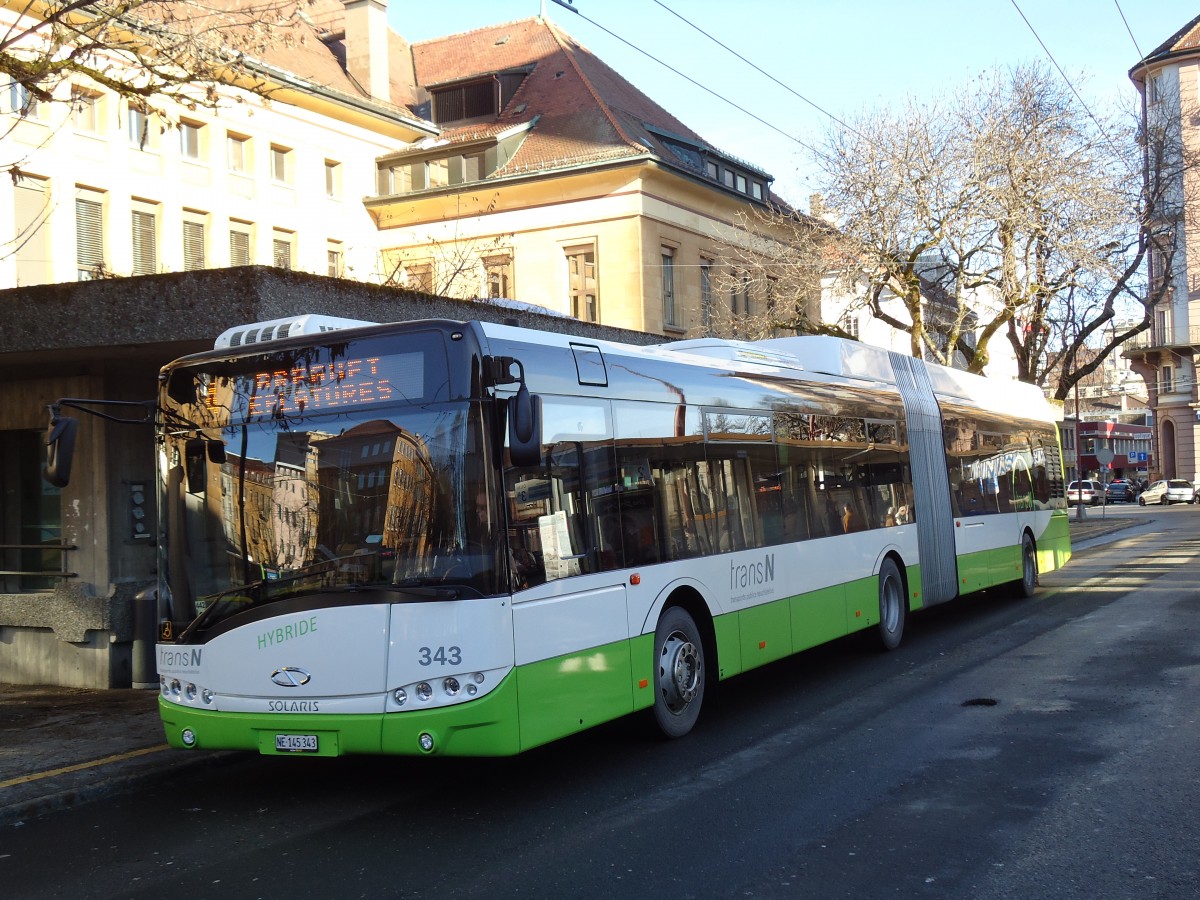 (142'752) - transN, La Chaux-de-Fonds - Nr. 343/NE 135'343 - Solaris am 29. Dezember 2012 beim Bahnhof La Chaux-de-Fonds