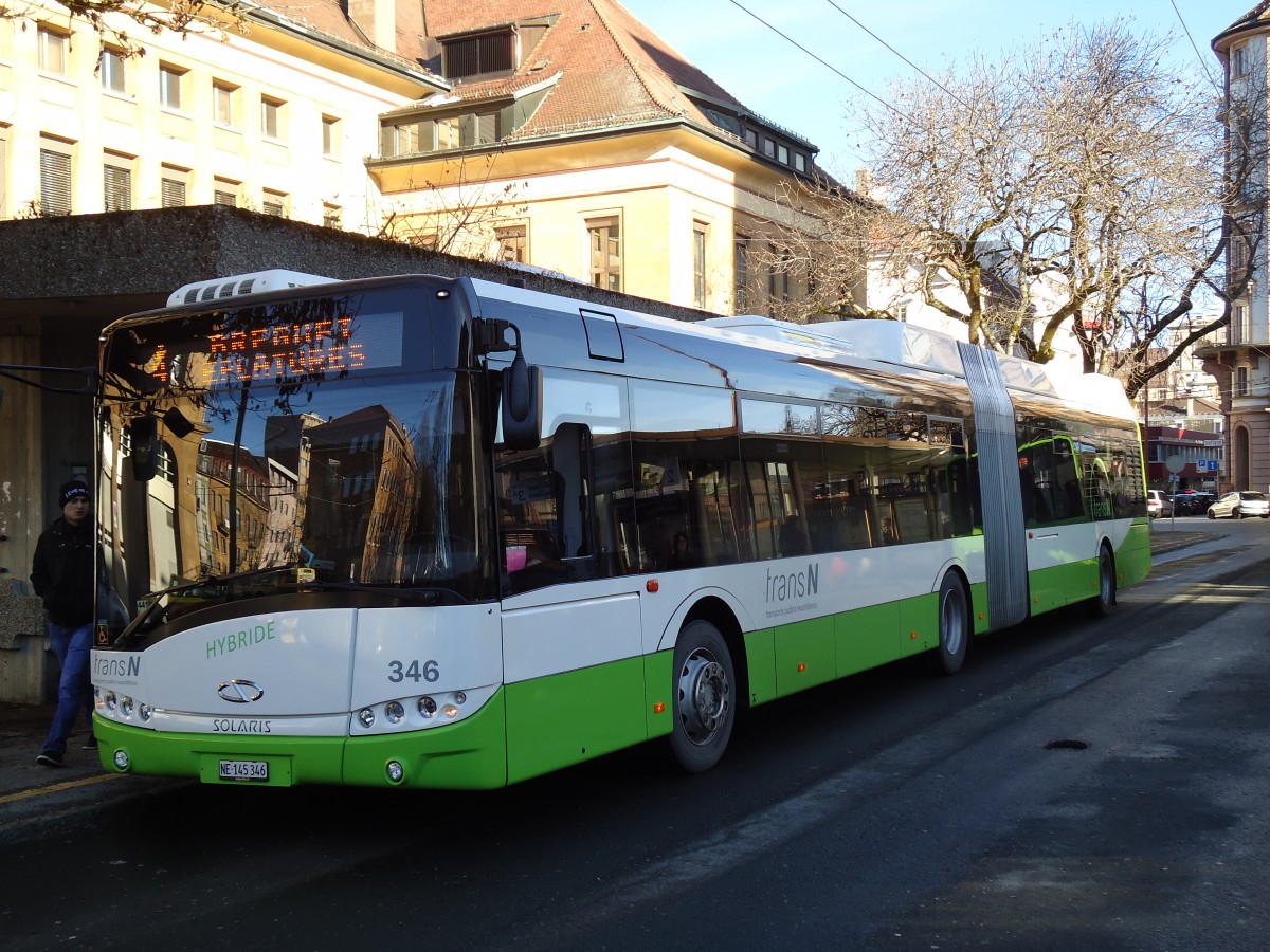 (142'770) - transN, La Chaux-de-Fonds - Nr. 346/NE 145'346 - Solaris am 29. Dezember 2012 beim Bahnhof La Chaux-de-Fonds