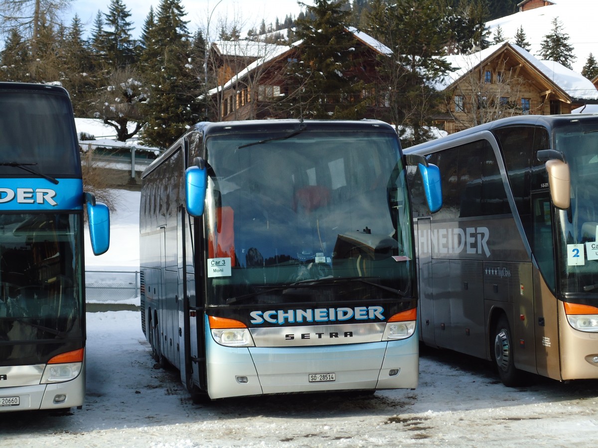 (143'081) - Schneider, Langendorf - SO 28'514 - Setra am 20. Januar 2013 beim Bahnhof Saanenmser