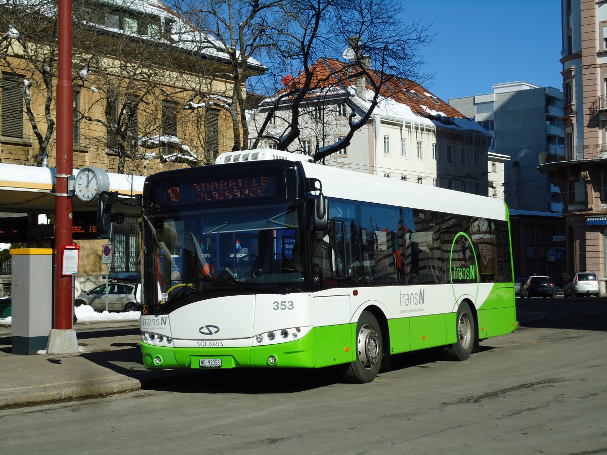 (143'232) - transN, La Chaux-de-Fonds - Nr. 353/NE 92'353 - Solaris (ex TRN La Chaux-de-Fonds Nr. 353) am 19. Februar 2013 beim Bahnhof La Chaux-de-Fonds