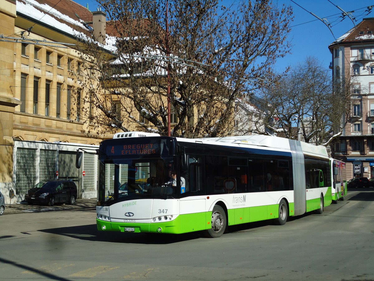 (143'252) - transN, La Chaux-de-Fonds - Nr. 347/NE 145'347 - Solaris am 19. Februar 2013 beim Bahnhof La Chaux-de-Fonds