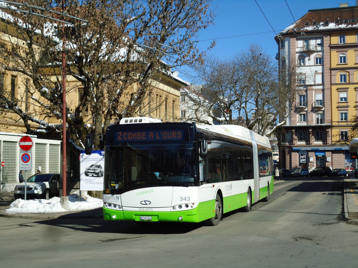 (143'257) - transN, La Chaux-de-Fonds - Nr.343/NE 145'343 - Solaris am 19. Februar 2013 beim Bahnhof La Chaux-de-Fonds