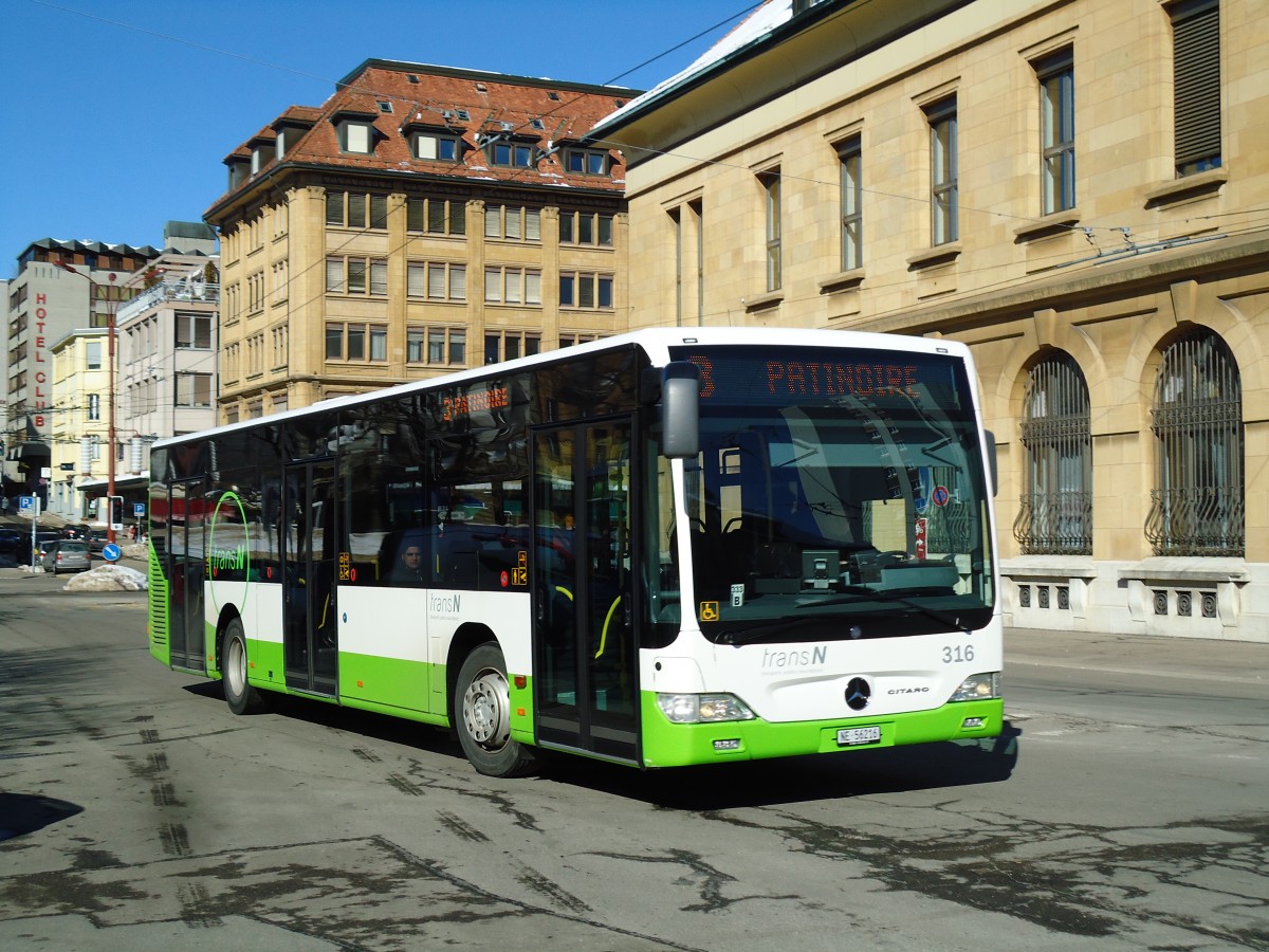 (143'267) - transN, La Chaux-de-Fonds - Nr. 316/NE 56'216 - Mercedes (ex TRN La Chaux-de-Fonds Nr. 316) am 19. Februar 2013 beim Bahnhof La Chaux-de-Fonds