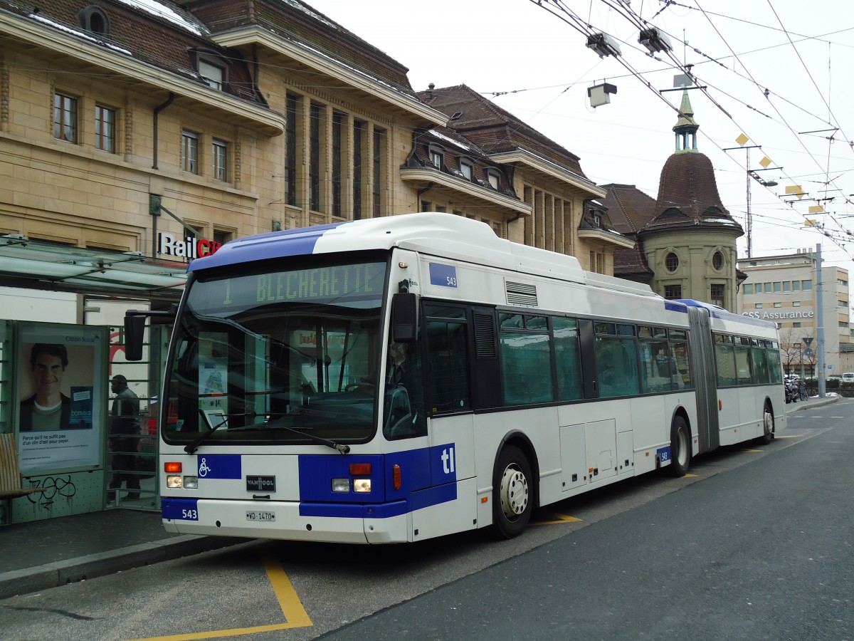 (143'423) - TL Lausanne - Nr. 543/VD 1470 - Van Hool am 22. Februar 2013 beim Bahnhof Lausanne