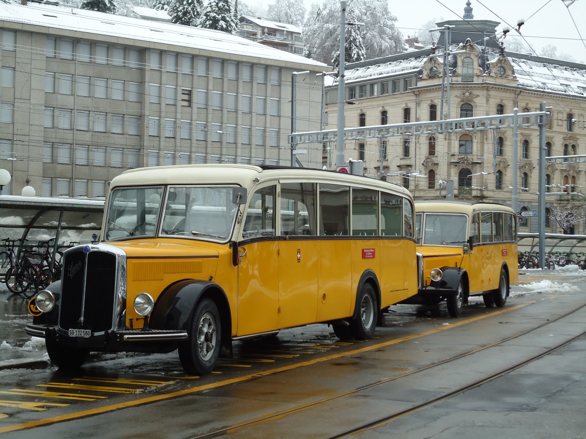 (143'640) - Baumgartner, Horn - Nr. 4/SG 112'580 - Saurer/Saurer (ex Nr. 2; ex Mckli, Basadingen; ex Diverse Besitzer; ex OAK Wangen a.A. Nr. 10; ex P 23'082; ex P 2134) am 20. April 2013 beim Bahnhof St. Gallen