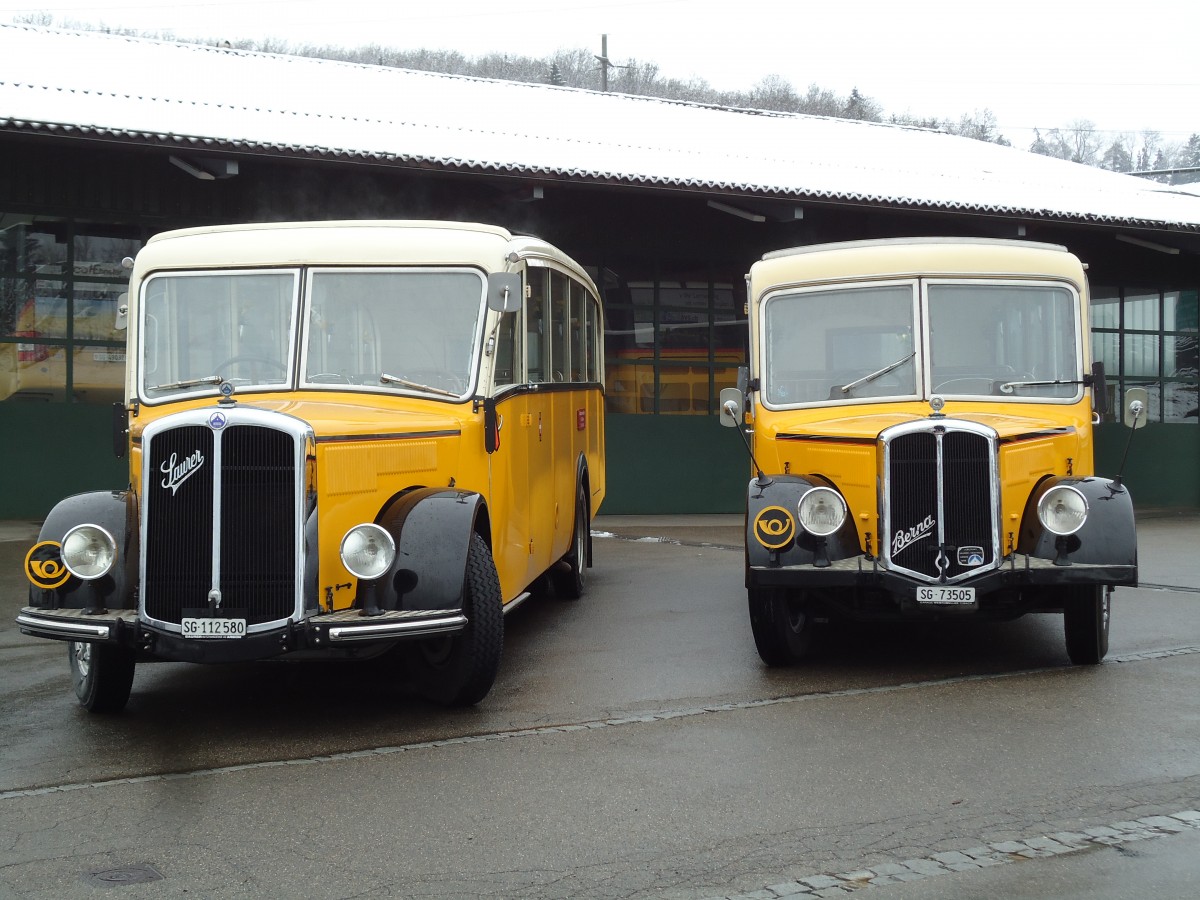 (143'692) - Baumgartner, Horn - Nr. 4/SG 112'580 - Saurer/Saurer (ex Nr. 2; ex Mckli, Basadingen; ex Diverse Besitzer; ex OAK Wangen a.A. Nr. 10; ex P 23'082) + Nr. 1/SG 73'505 - Berna/Saurer (ex Chiesa, Minusio) am 20. April 2013 in Goldach, Garage Schwizer