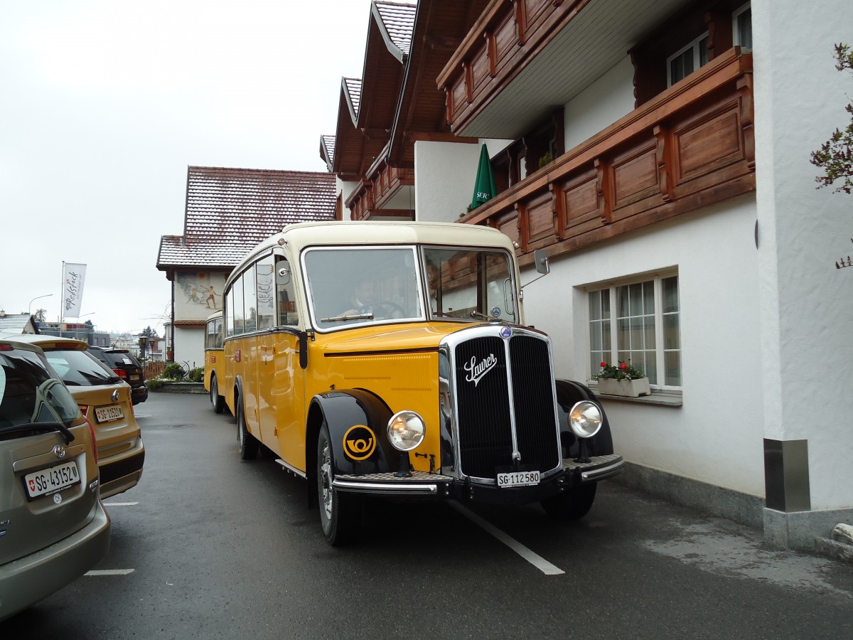 (143'702) - Baumgartner, Horn - Nr. 4/SG 112'580 - Saurer/Saurer (ex Nr. 2; ex Mckli, Basadingen; ex Diverse Besitzer; ex OAK Wangen a.A. Nr. 10; ex P 23'082; ex P 2134) am 20. April 2013 in Rorschacherberg, Rest. Rebstock