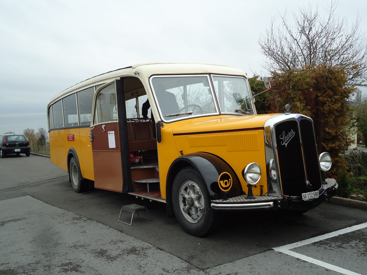 (143'705) - Baumgartner, Horn - Nr. 4/SG 112'580 - Saurer/Saurer (ex Nr. 2; ex Mckli, Basadingen; ex Diverse Besitzer; ex OAK Wangen a.A. Nr. 10; ex P 23'082; ex P 2134) am 20. April 2013 in Rorschacherberg, Rest. Rebstock