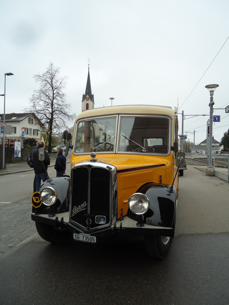 (143'709) - Baumgartner, Horn - Nr. 1/SG 73'505 - Berna/Hess (ex Chiesa, Minusio) am 20. April 2013 beim Bahnhof Goldach