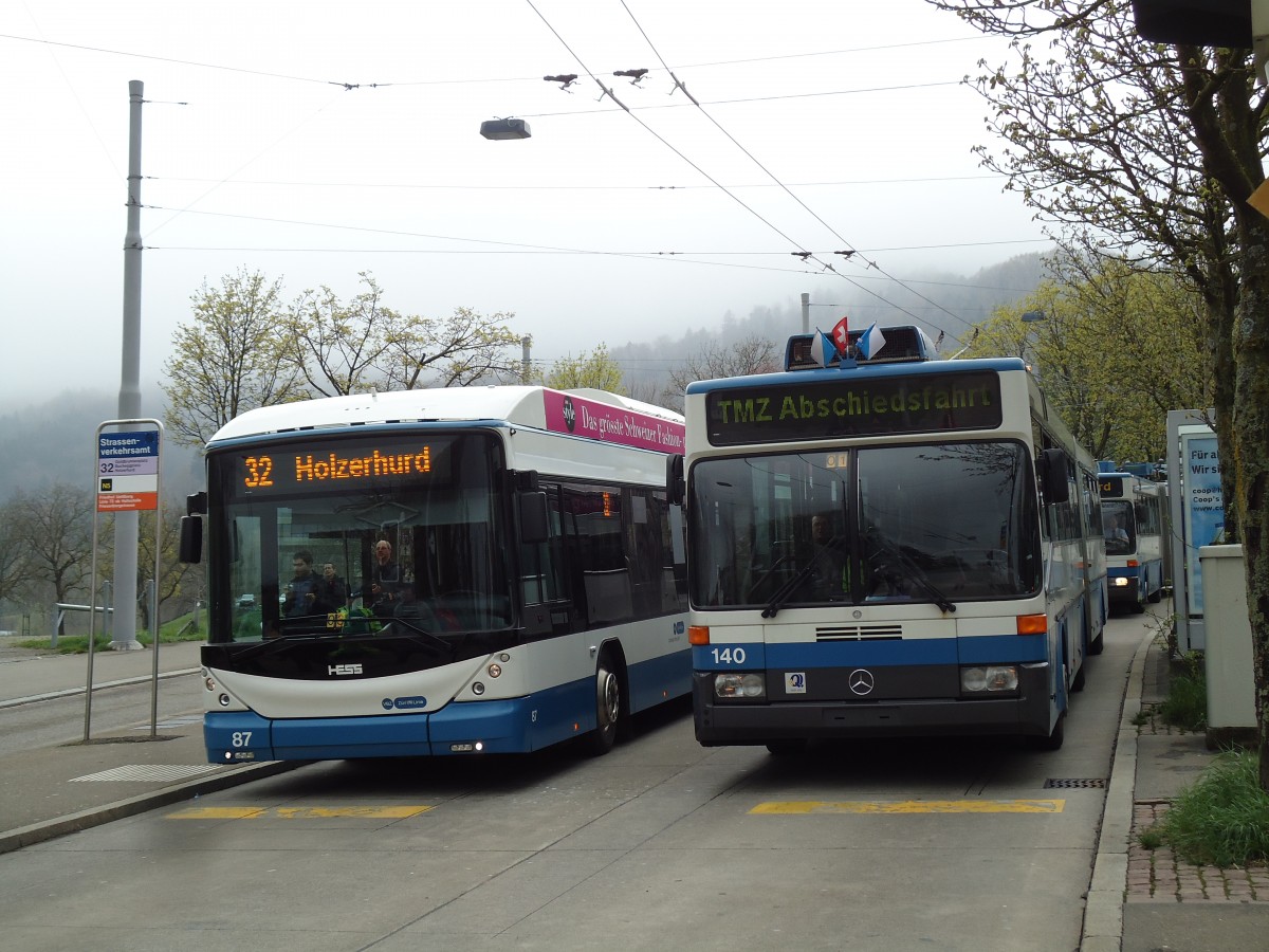 (143'792) - VBZ Zrich - Nr. 87 - Hess/Hess Doppelgelenktrolleybus + Nr. 140 - Mercedes Gelenktrolleybus am 21. April 2013 in Zrich, Strassenverkehrsamt