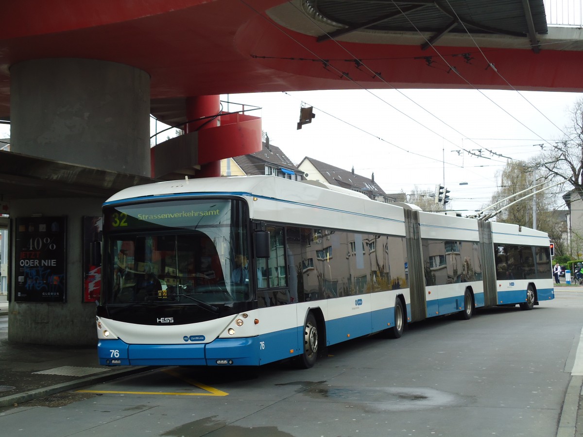 (143'804) - VBZ Zrich - Nr. 76 - Hess/Hess Doppelgelenktrolleybus am 21. April 2013 in Zrich, Bucheggplatz