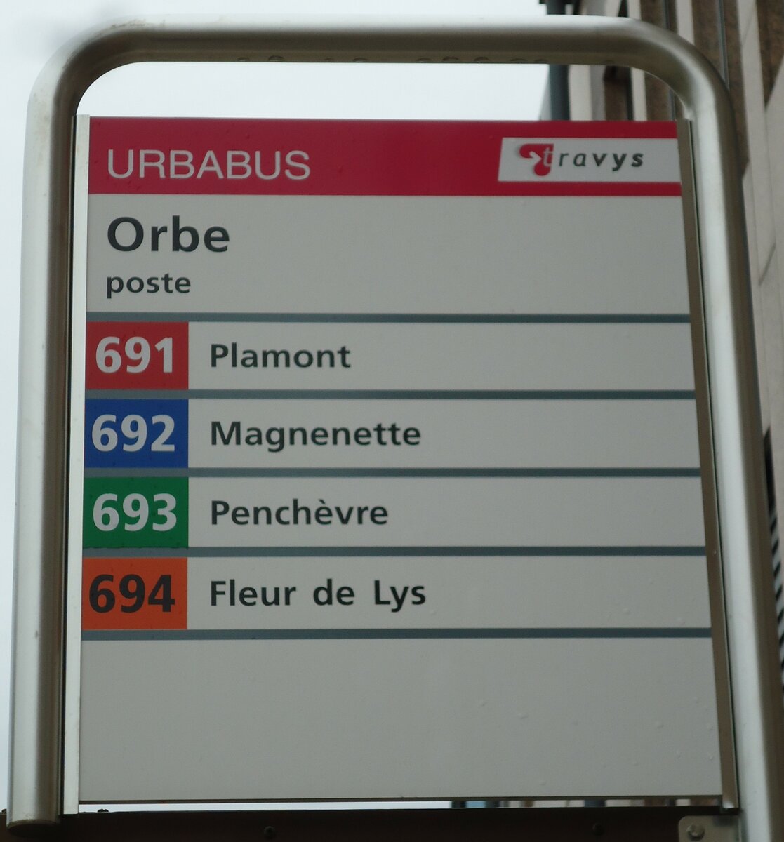 (143'844) - URBABUS/trvys-Haltestellenschild - Orbe, poste - am 27. April 2013