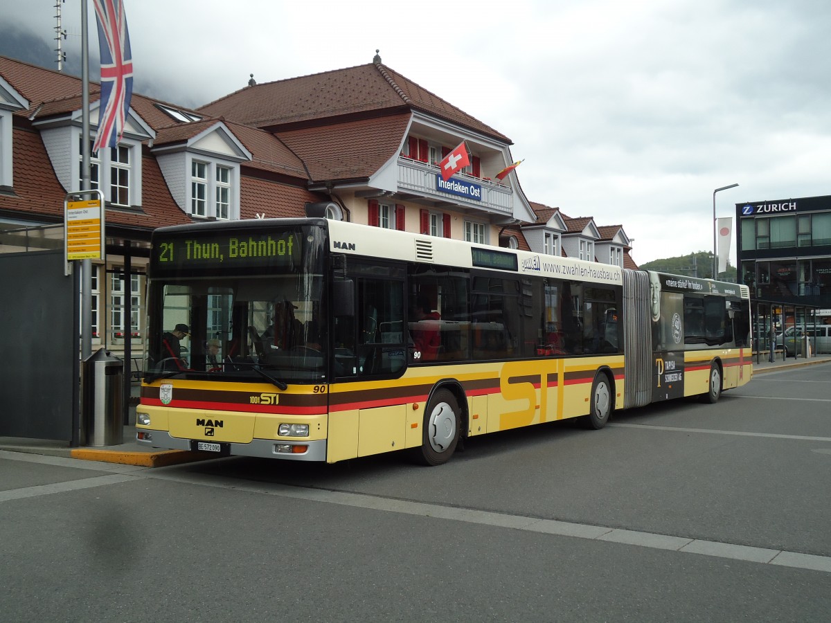 (144'078) - STI Thun - Nr. 90/BE 572'090 - MAN am 11. Mai 2013 beim Bahnhof Interlaken Ost