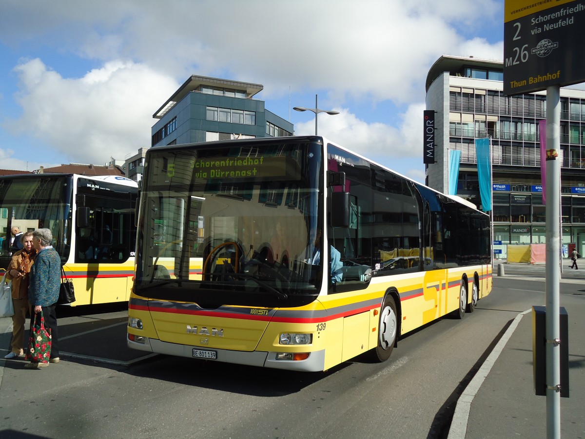 (145'518) - STI Thun - Nr. 139/BE 801'139 - MAN am 30. Juni 2013 beim Bahnhof Thun