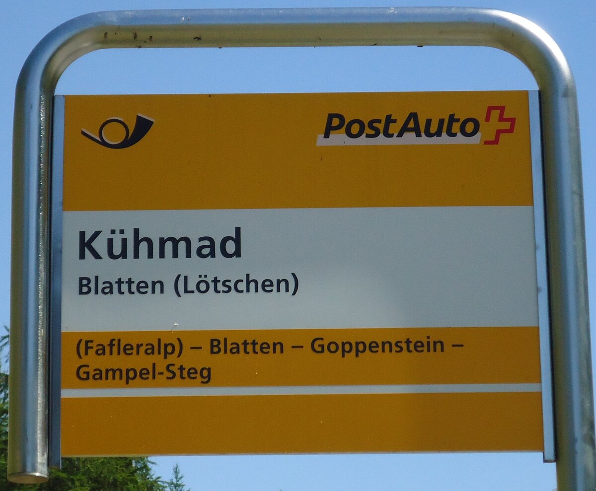 (146'243) - PostAuto-Haltestellenschild - Blatten (Ltschen), Khmad - am 5. August 2013