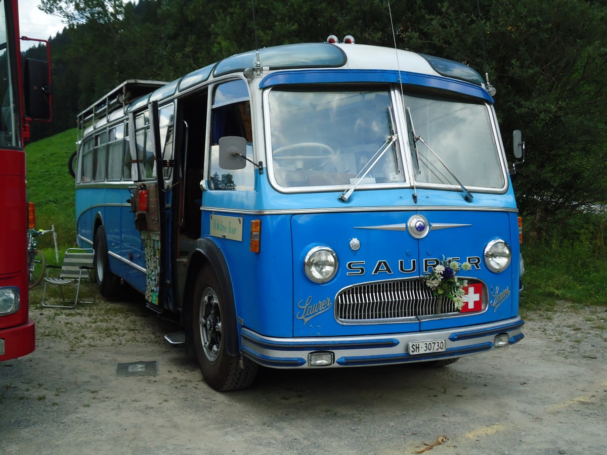 (146'342) - Bolliger, Stetten - SH 30'730 - Saurer/R&J (ex Solr+Fontana, Ilanz Nr. 8) am 17. August 2013 in Lenk, Metschbahnen  