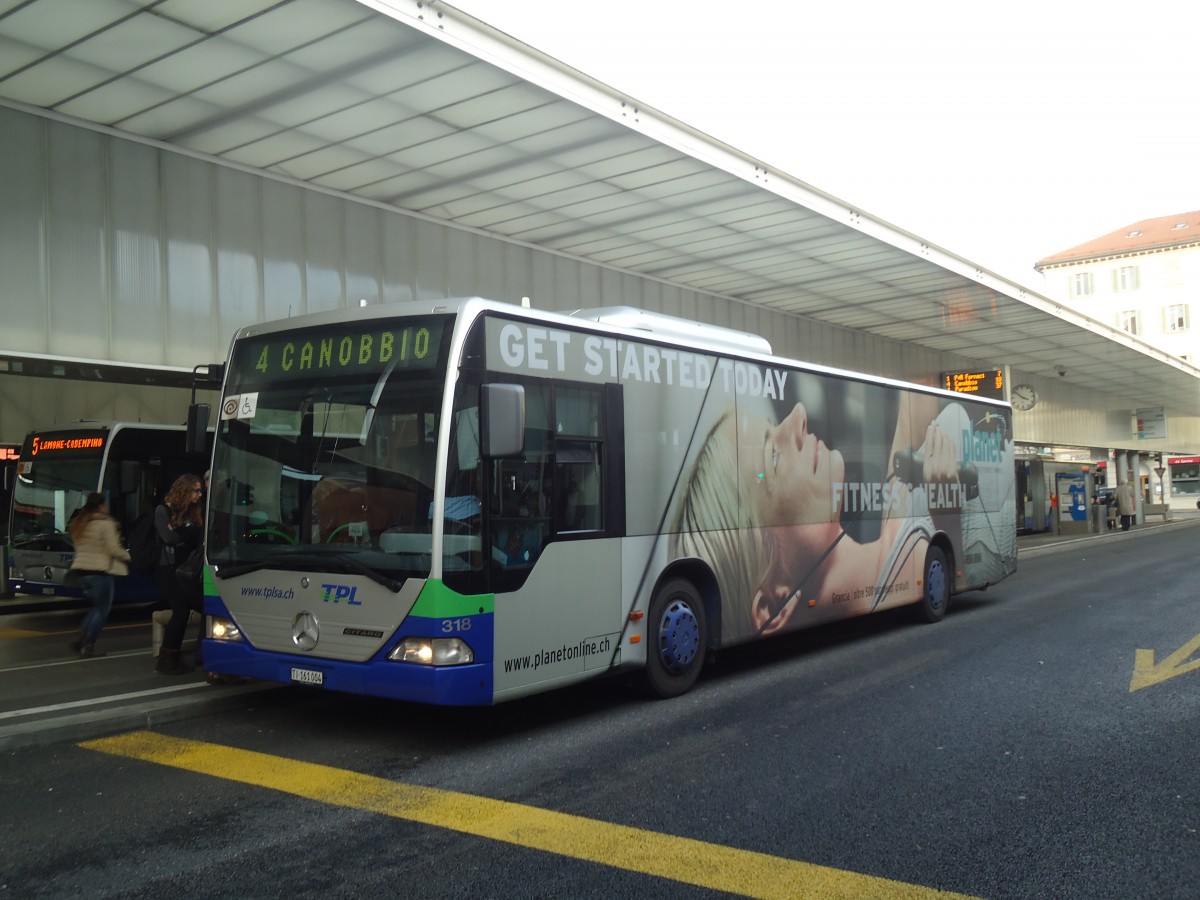 (147'720) - TPL Lugano - Nr. 318/TI 161'004 - Mercedes (ex Nr. 17) am 5. November 2013 in Lugano, Centro