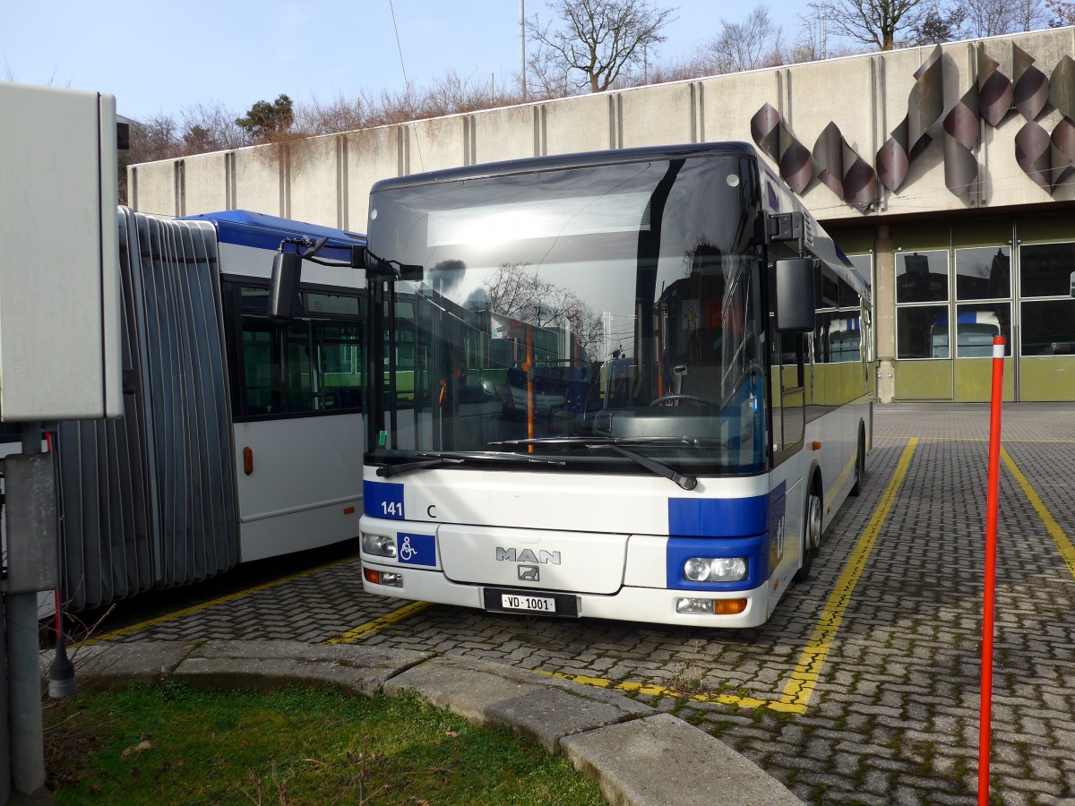 (148'750) - TL Lausanne - Nr. 141/VD 1001 - MAN/Gppel (ex RBS Worblaufen Nr. 23) am 2. Februar 2014 in Lausanne, Dpt Borde