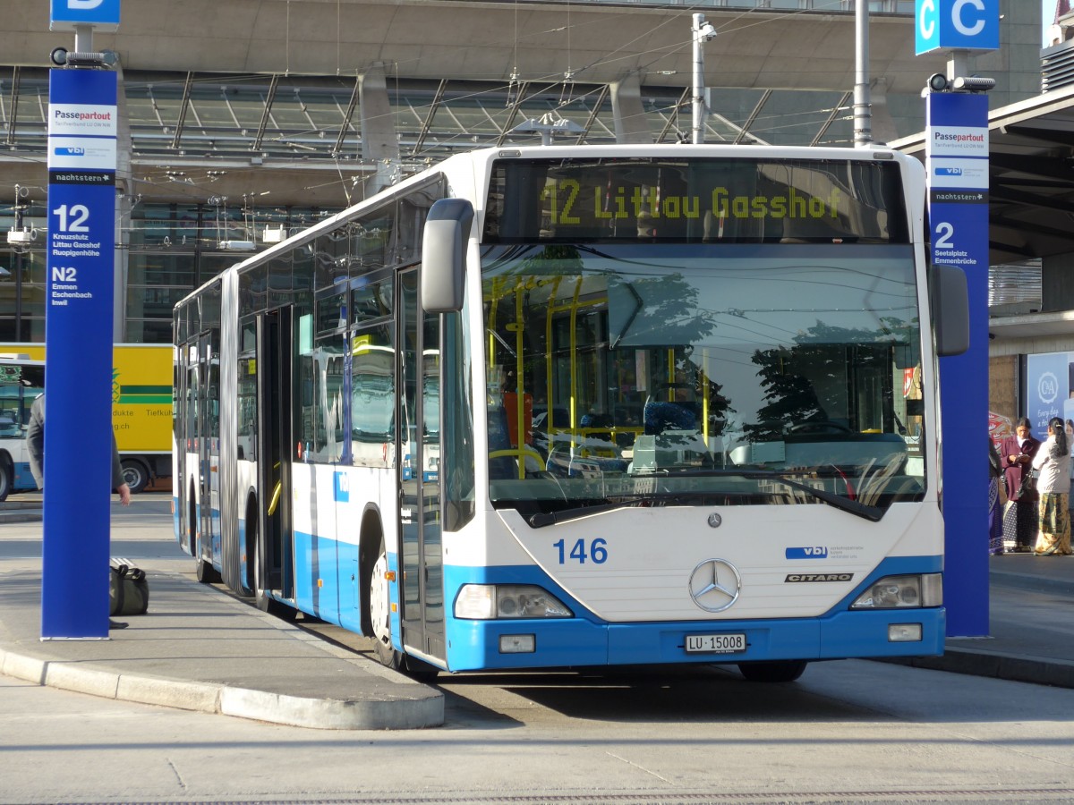 (150'524) - VBL Luzern - Nr. 146/LU 15'008 - Mercedes (ex Heggli, Kriens Nr. 708) am 10. Mai 2014 beim Bahnhof Luzern