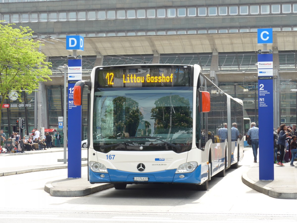 (150'604) - VBL Luzern - Nr. 167/LU 174'637 - Mercedes am 10. Mai 2014 beim Bahnhof Luzern