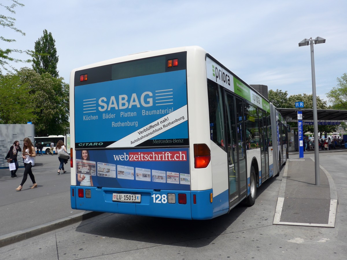 (150'631) - VBL Luzern - Nr. 128/LU 15'013 - Mercedes am 10. Mai 2014 beim Bahnhof Luzern