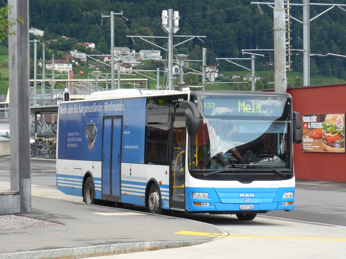 (153'752) - BSW Sargans - Nr. 314/SG 297'506 - MAN/Gppel am 16. August 2014 beim Bahnhof Sargans