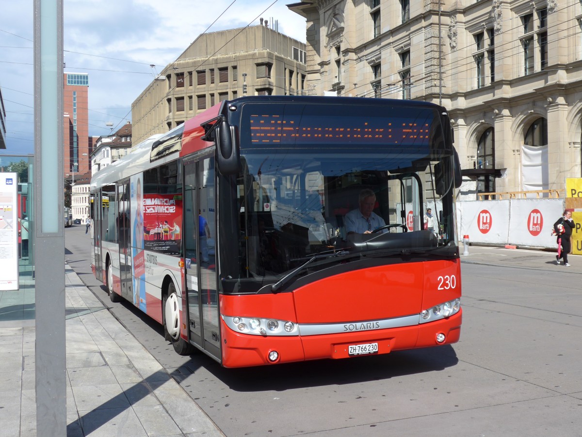 (153'936) - SW Winterthur - Nr. 230/ZH 766'230 - Solaris am 16. August 2014 beim Hauptbahnhof Winterthur