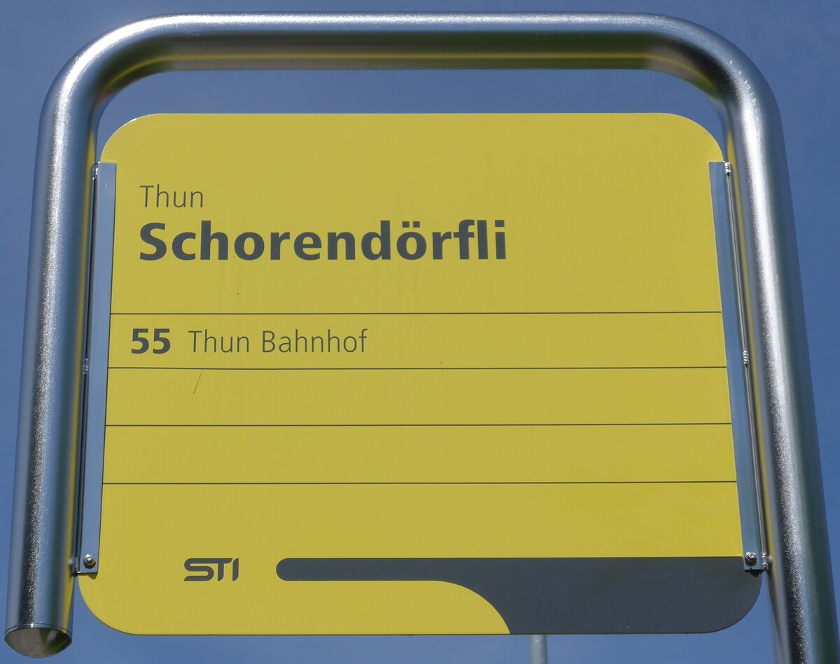 (153'953) - STI-Haltestellenschild - Thun, Schorendrfli - am 17. August 2014