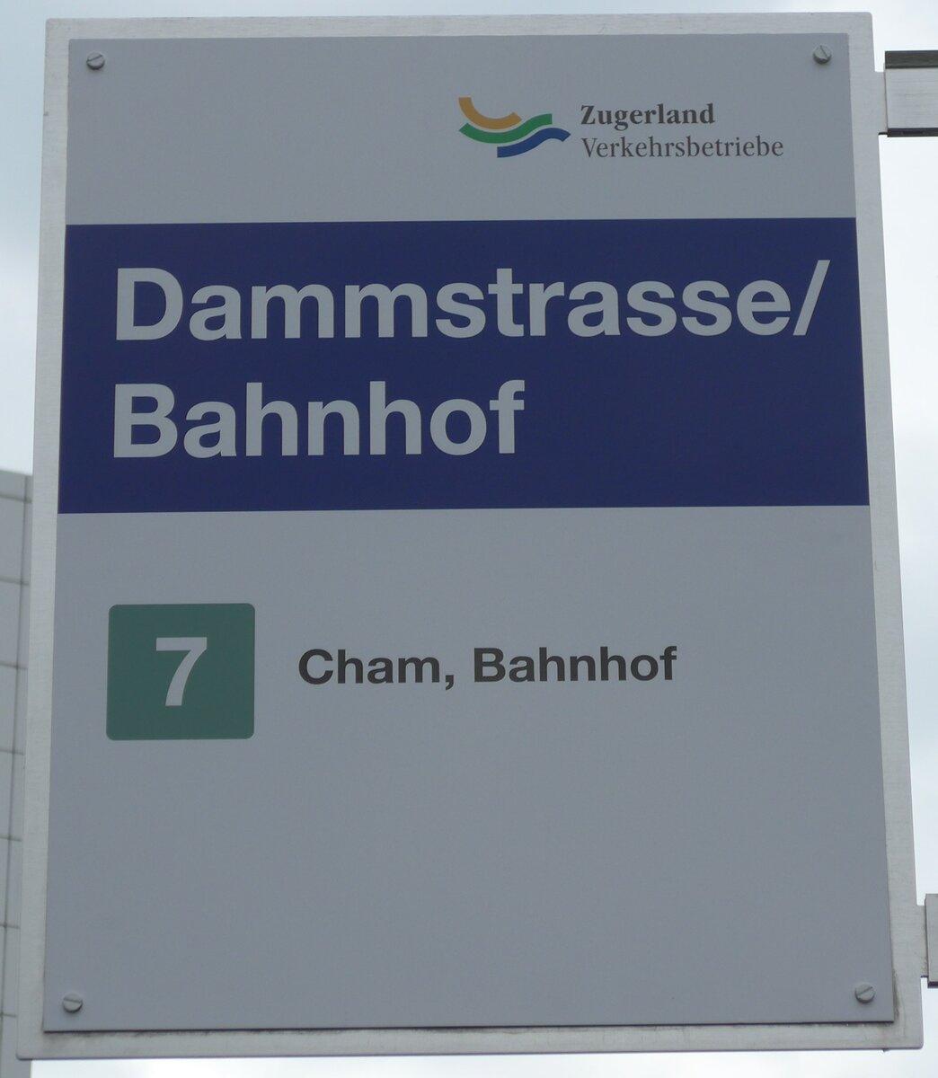 (154'083) - Zugerland Verkehrsbetriebe-Haltestellenschild - Zug, Dammstrasse/Bahnhof am 19. August 2014