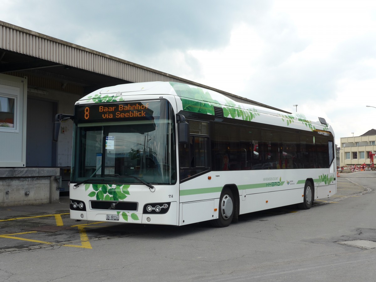 (154'130) - ZVB Zug - Nr. 114/ZG 88'114 - Volvo am 19. August 2014 beim Bahnhof Rotkreuz