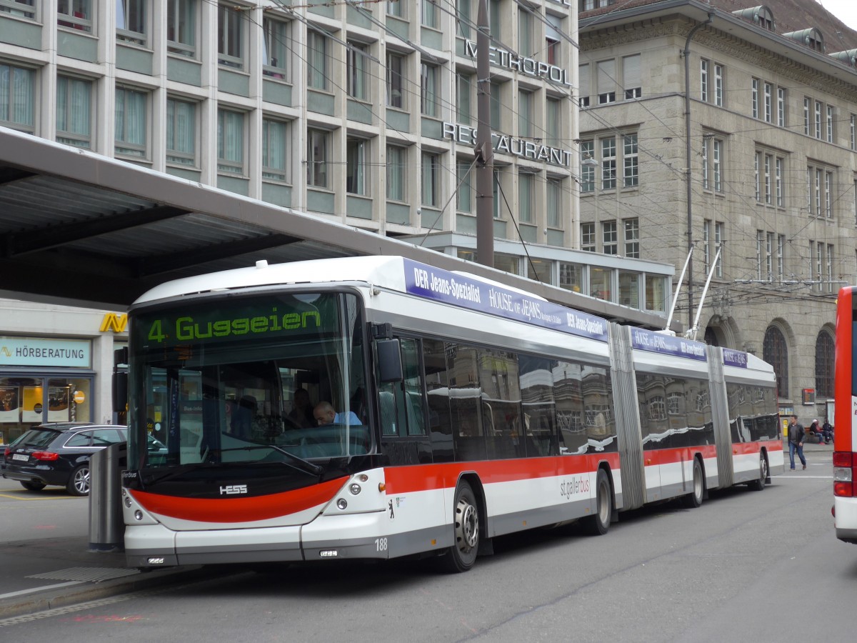 (154'199) - St. Gallerbus, St. Gallen - Nr. 188 - Hess/Hess Doppelgelenktrolleybus am 20. August 2014 beim Bahnhof St. Gallen