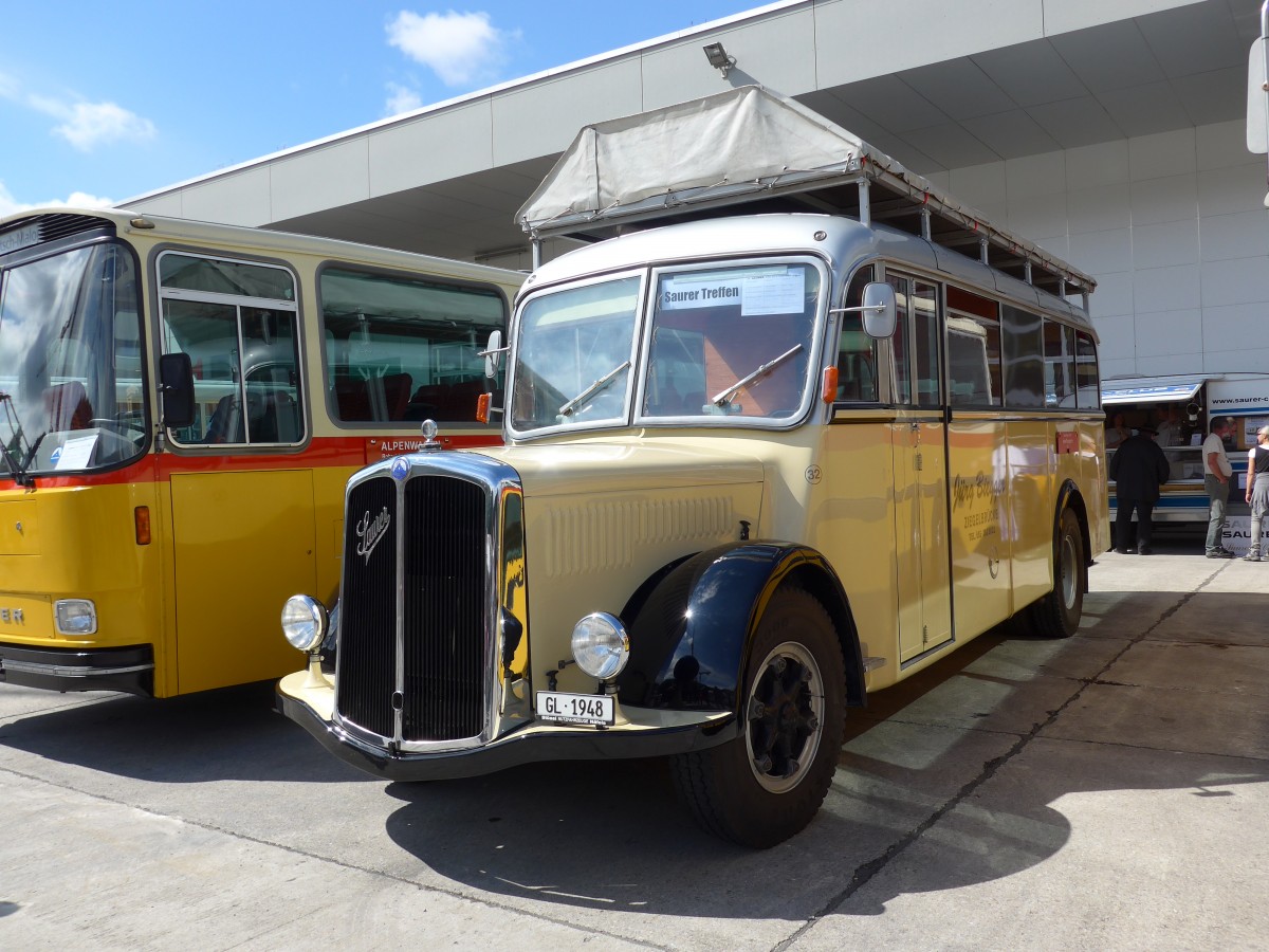 (154'532) - Biegger, Uster - Nr. 32/GL 1948 - Saurer/R&J (ex Redbull (Schweiz), Baar; ex Brandt, D-Reichersbeuern; ex Bach, NL-Amsterdam; ex Hgli, Steinach; ex EHC Biel; ex Leuenberger, Thun; ex AvH Heimenschwand) am 30. August 2014 in Oberkirch, CAMPUS Sursee