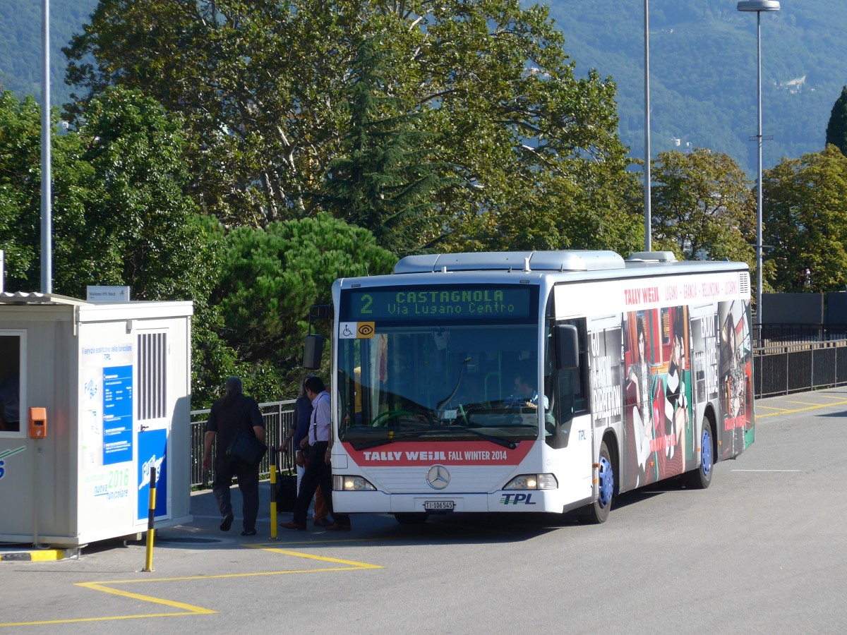 (155'237) - TPL Lugano - Nr. 322/TI 106'545 - Mercedes (ex Nr. 30) am 13. September 2014 beim Bahnhof Lugano