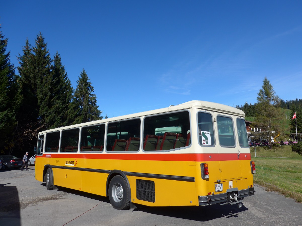 (155'643) - Gautschi, Suhr - AG 6835 - Saurer/Tscher (ex Ltscher, Neuheim Nr. 200; ex Cartek, Regensdorf; ex P 25'822) am 12. Oktober 2014 in Willerzell, Rest. Sattelegg