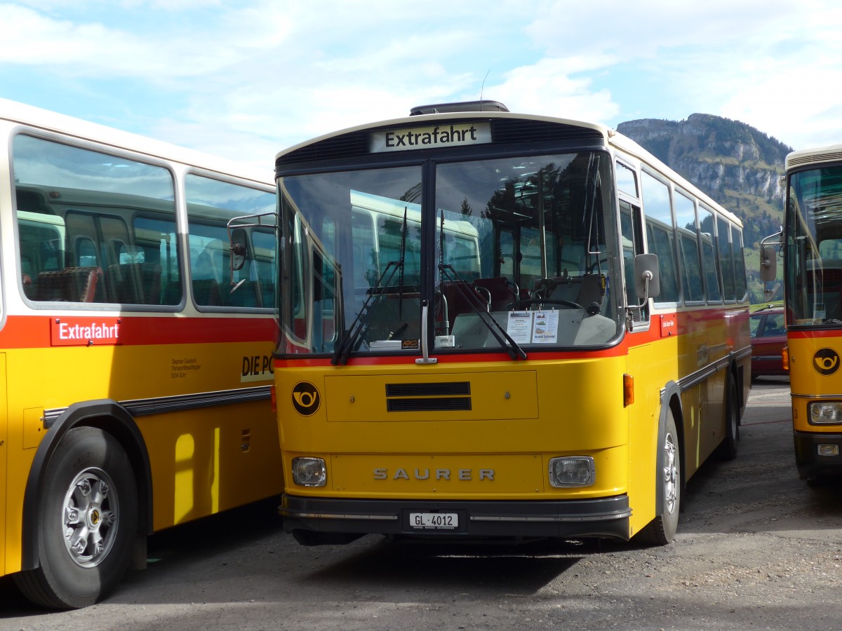 (155'656) - Schmid, Glarus - GL 4012 - Saurer/Tscher (ex Mosimann, Aesch; ex Erne, Full; ex P 24'257) am 12. Oktober 2014 in Willerzell, Rest. Sattelegg