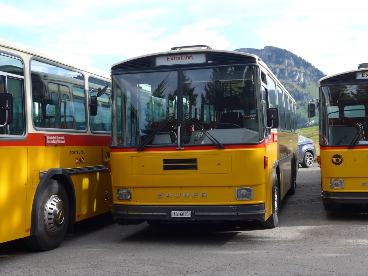 (155'657) - Gautschi, Suhr - AG 6835 - Saurer/Tscher (ex Ltscher, Neuheim Nr. 200; ex Cartek, Regensdorf; ex P 25'822) am 12. Oktober 2014 in Willerzell, Rest. Sattelegg