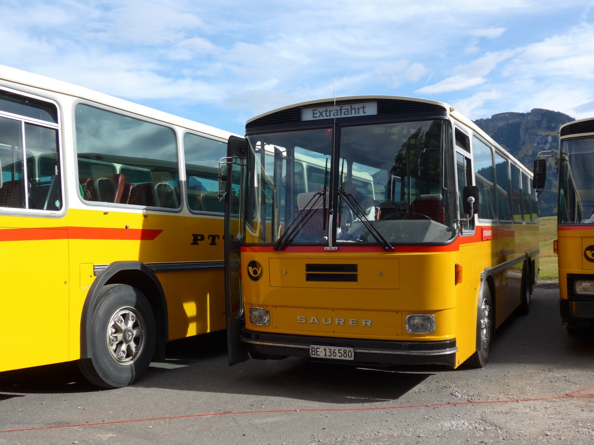 (155'665) - Schumacher, Liebefeld - BE 136'580 - Saurer/Tscher (ex Zimmermann, Niederwangen; ex P 24'289) am 12. Oktober 2014 in Willerzell, Rest. Sattelegg