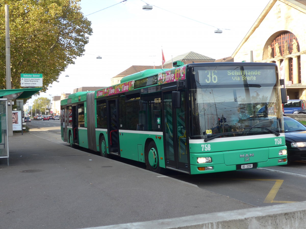 (156'171) - BVB Basel - Nr. 758/BS 3258 - MAN am 27. Oktober 2014 in Basel, Badischer Bahnhof