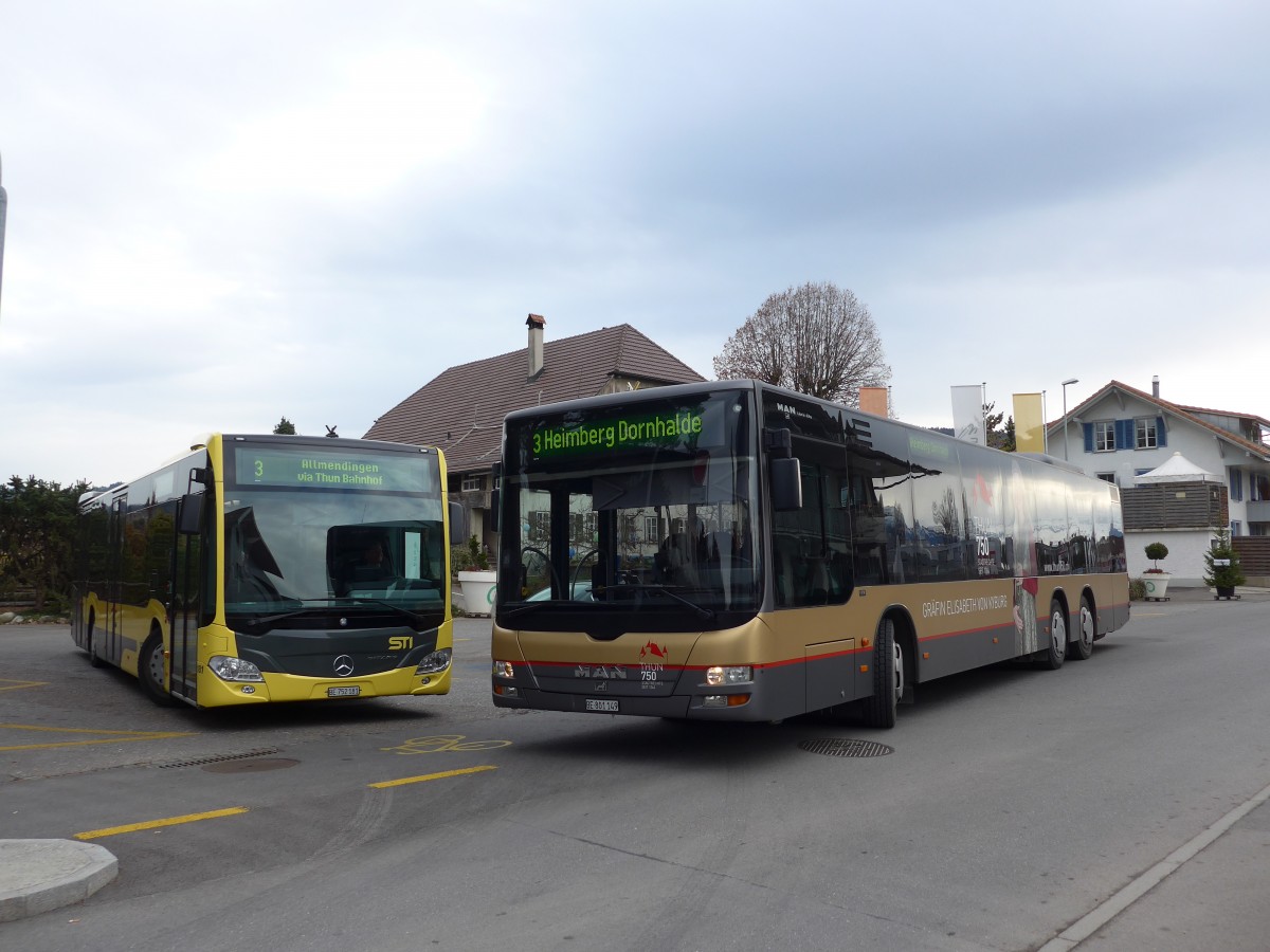 (157'814) - STI Thun - Nr. 181/BE 752'181 - Mercedes + Nr. 149/BE 801'149 - MAN am 15. Dezember 2014 in Steffisburg, Alte Bernstrasse