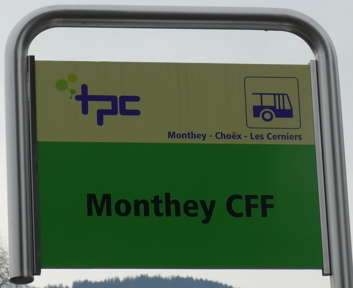 (158'153) - tpc-Haltestellenschild - Monthey, CFF - am 2. Januar 2015