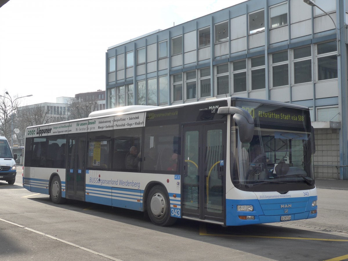 (158'725) - BSW Sargans - Nr. 343/SG 297'516 - MAN am 14. Februar 2015 beim Bahnhof Buchs (Einsatz RTB)