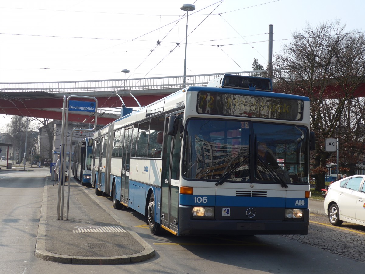 (159'360) - VBZ Zrich - Nr. 106 - Mercedes Gelenktrolleybus am 19. Mrz 2015 in Zrich, Bucheggplatz