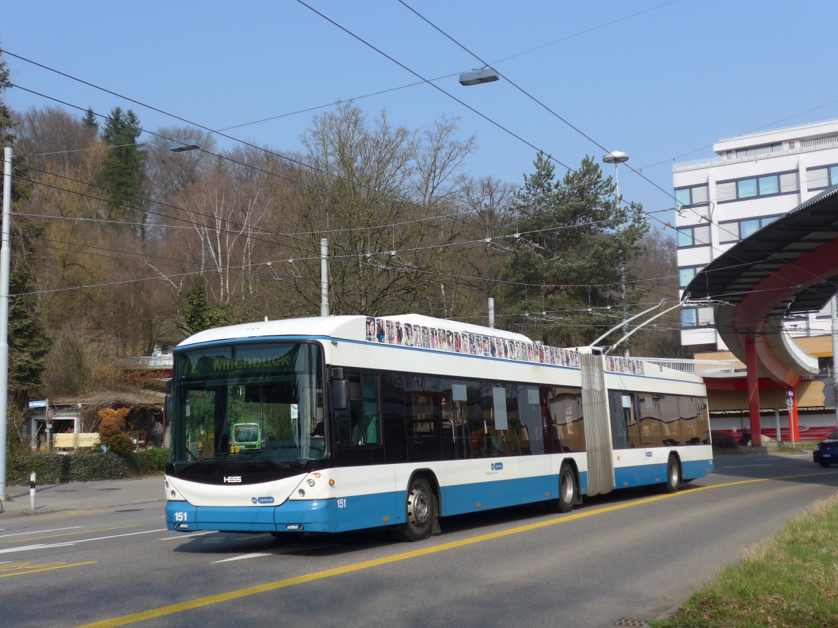 (159'400) - VBZ Zrich - Nr. 151 - Hess/Hess Gelenktrolleybus am 19. Mrz 2015 in Zrich, Bucheggplatz