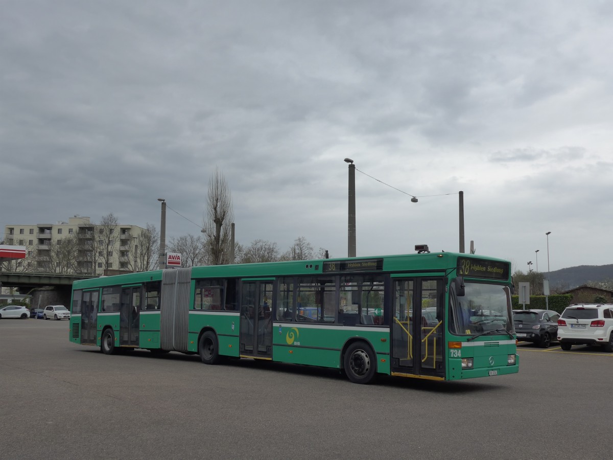 (159'757) - BVB Basel - Nr. 734/BS 3234 - Mercedes (ex VAG Freiburg/D Nr. 933) am 11. April 2015 in Basel, Garage Rankstrasse