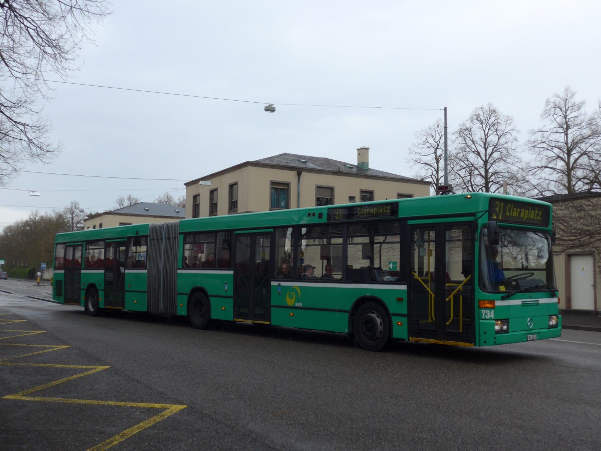 (159'784) - BVB Basel - Nr. 734/BS 3234 - Mercedes (ex VAG Freiburg/D Nr. 933) am 11. April 2015 in Riehen, Friedhof am Hrnli