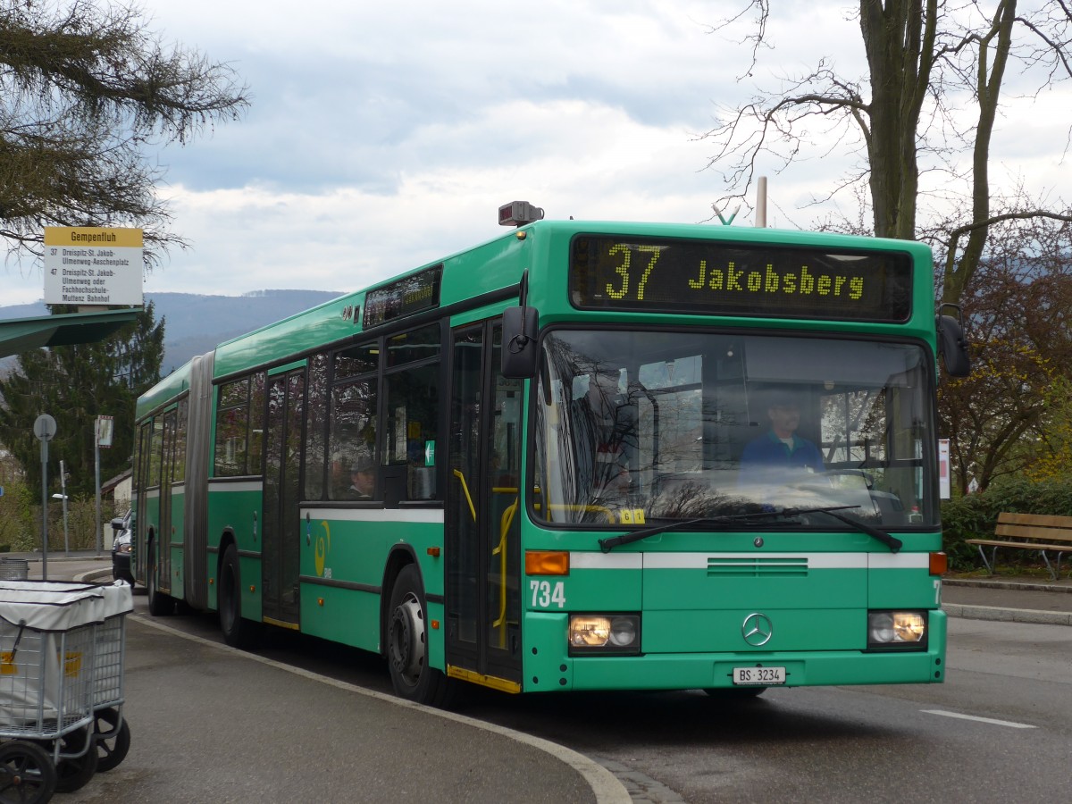 (159'842) - BVB Basel - Nr. 734/BS 3234 - Mercedes (ex VAG Freiburg/D Nr. 933) am 11. April 2015 in Gempen, Gempenfluh