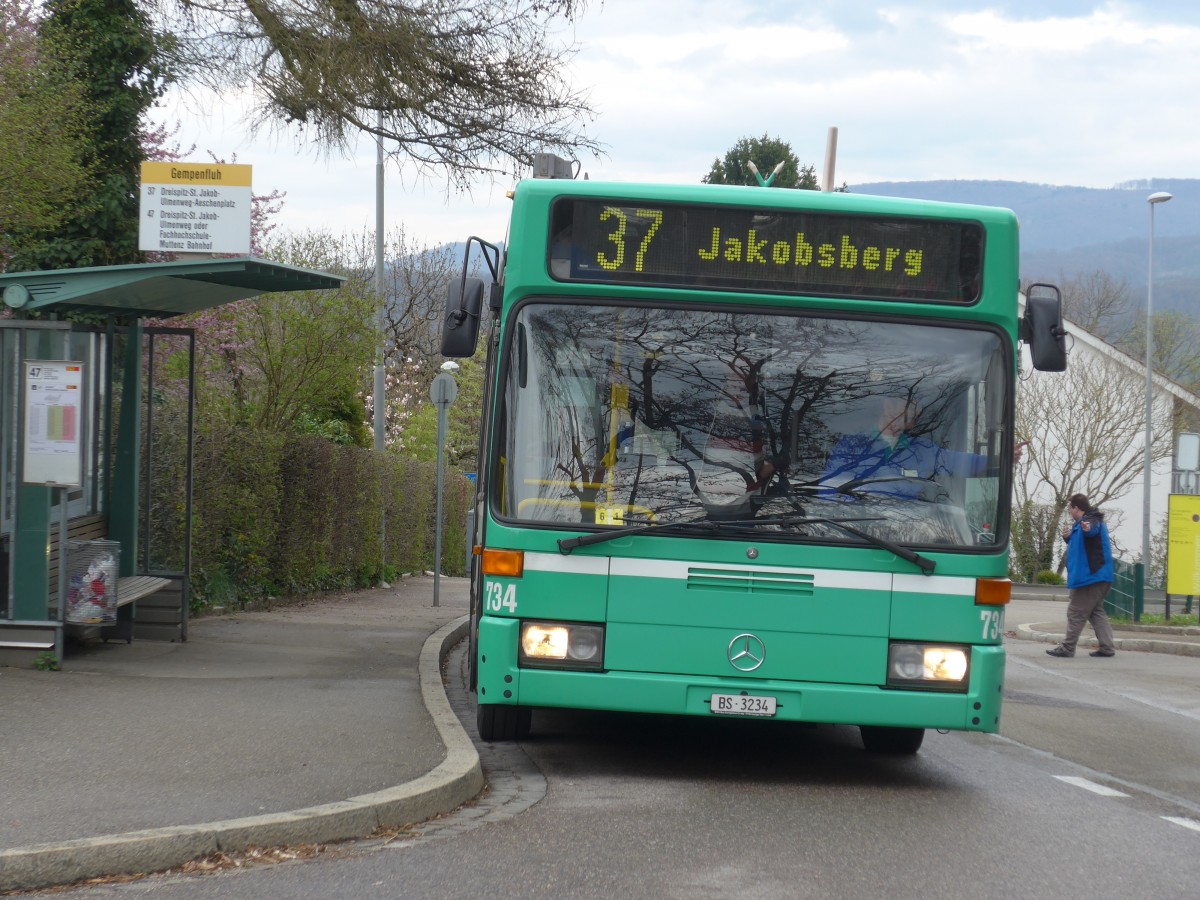 (159'843) - BVB Basel - Nr. 734/BS 3234 - Mercedes (ex VAG Freiburg/D Nr. 933) am 11. April 2015 in Gempen, Gempenfluh